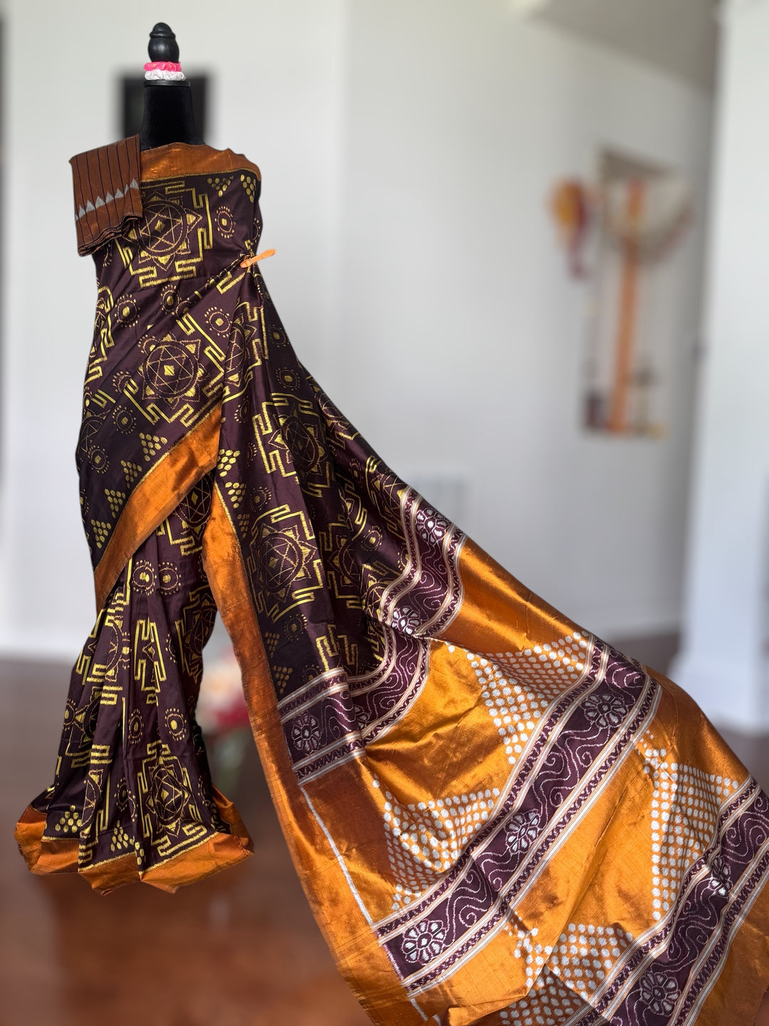Dark Brown with yellow color handwoven yantra ikat pure silk saree|Odisha Weaves|Contemporary Ikat|