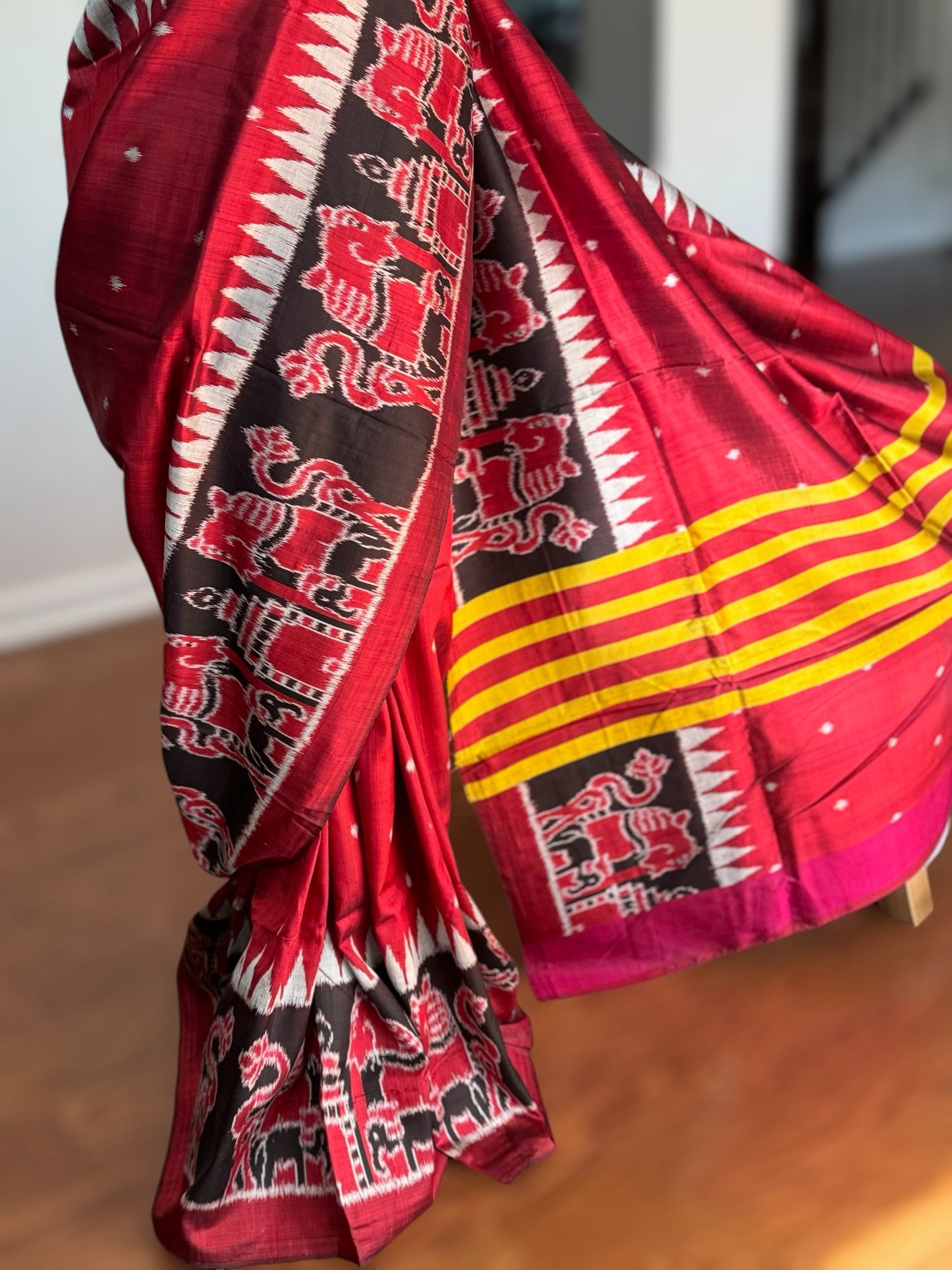 Maroon-ish Red Contemporary ikat pure silk Saree from Odisha weaves