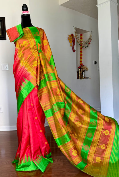 Dark Peach Berhampuri double pallu handwoven  Pure Silk Saree