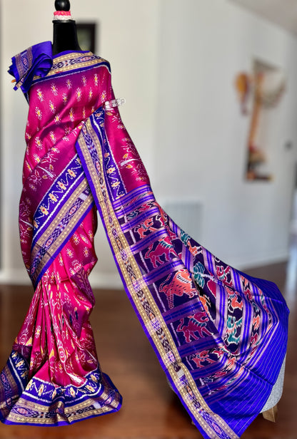 Magenta traditional ikat Khandua handwoven pure silk saree|Odisha Weaves