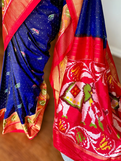 Elephant Pallu night blue with red combination Pochampally ikat pure silk saree