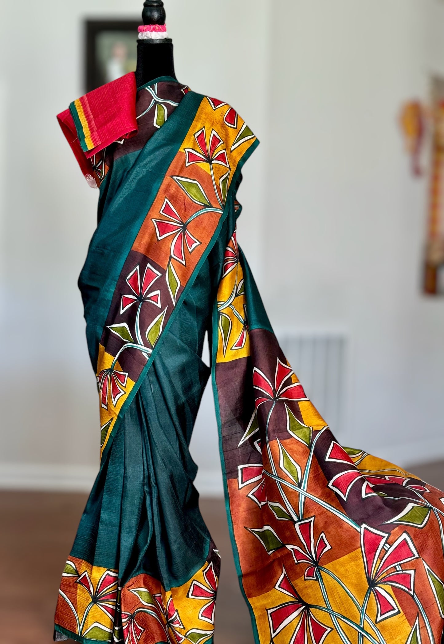 Dark Green color Light weight bishnupuri hand painted pure silk saree|Value Vogue