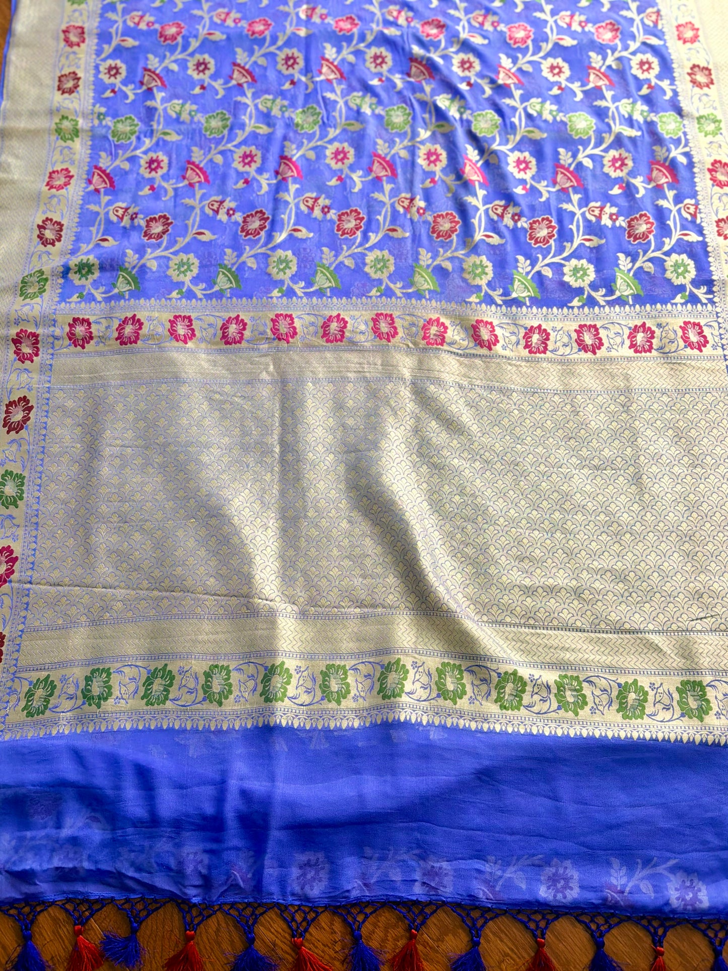 Light lavender-ish blue Banarasi hand woven pure khaddi georgette saree with Tilfi meenakari