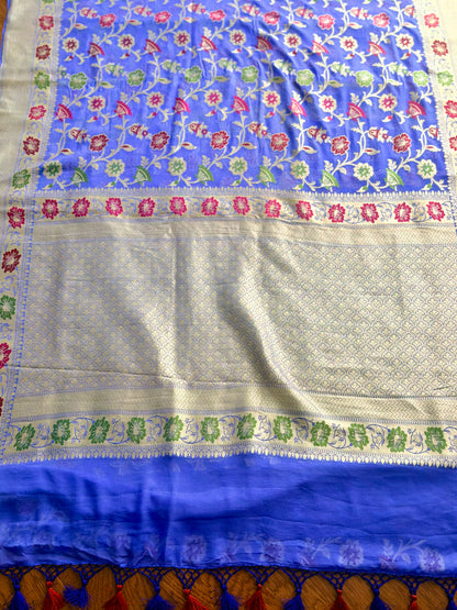 Light lavender-ish blue Banarasi hand woven pure khaddi georgette saree with Tilfi meenakari