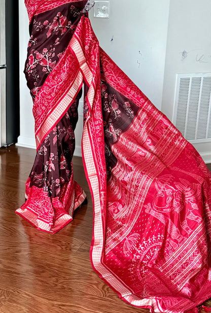 Bird theme Sambalpuri double ikkat pure silk saree in brown and red combination