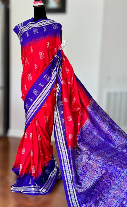 Gorgeous Bomkai pure silk saree in Red and Royal blue combination