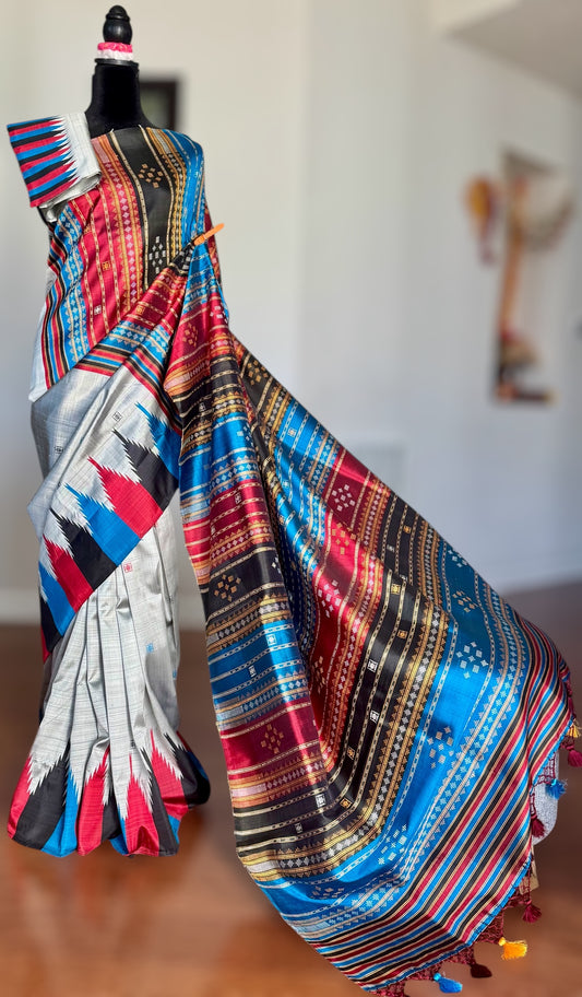 Grey Berhampuri Pure Silk Saree with multi color Double pallu