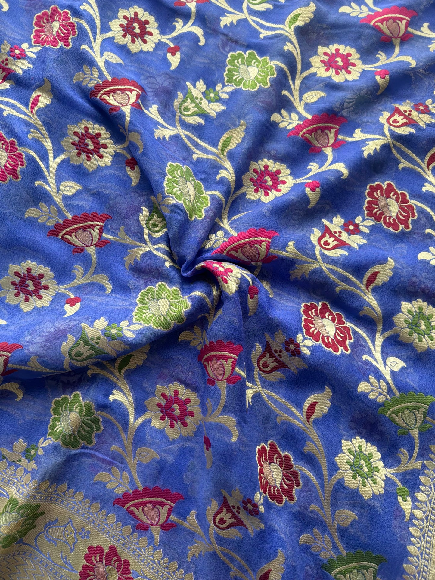 Light lavender-ish blue Banarasi hand woven pure khaddi georgette saree with Tilfi meenakari