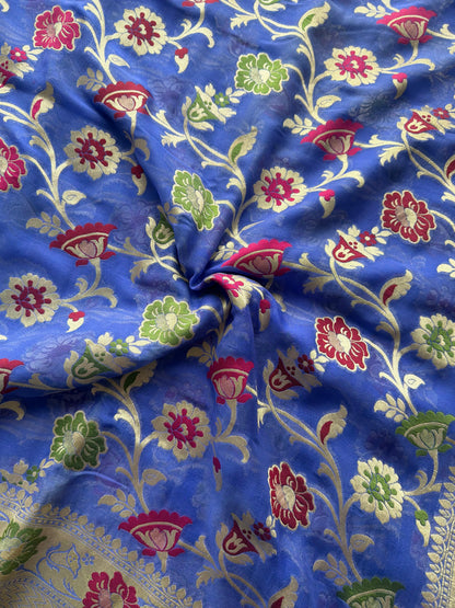Light lavender-ish blue Banarasi hand woven pure khaddi georgette saree with Tilfi meenakari