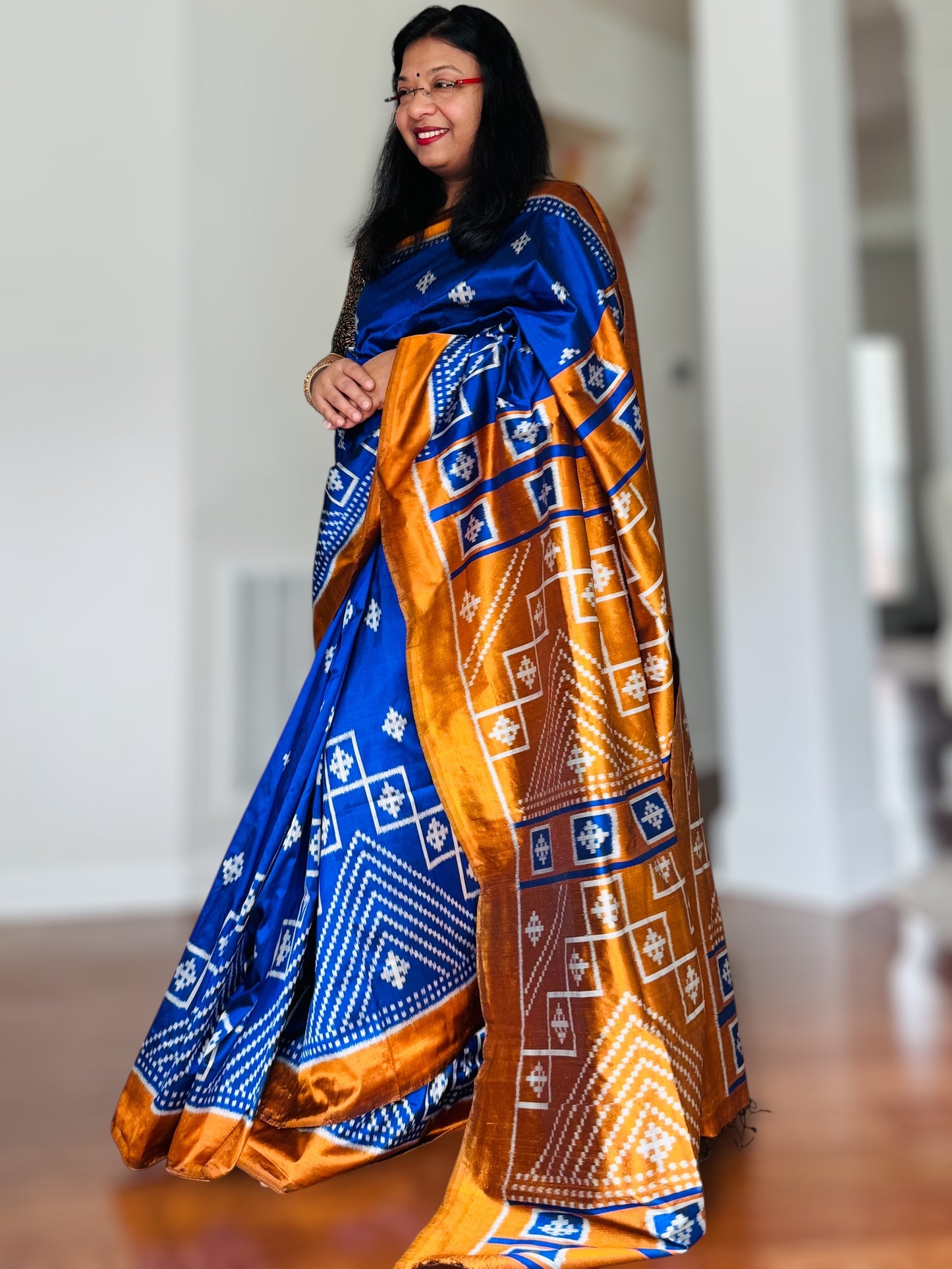Blue with Mustard Yellow color handwoven ikat pure silk saree|Odisha Weaves|Contemporary Ikat|Antara