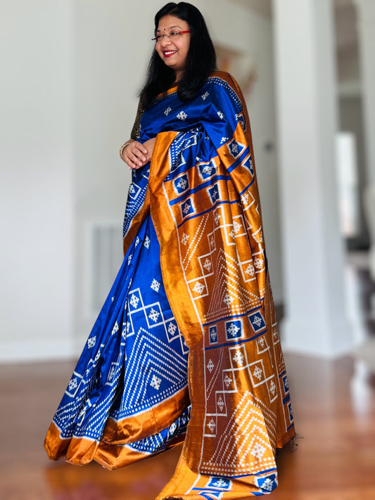 Blue with Mustard Yellow color handwoven ikat pure silk saree|Odisha Weaves|Contemporary Ikat|Antara
