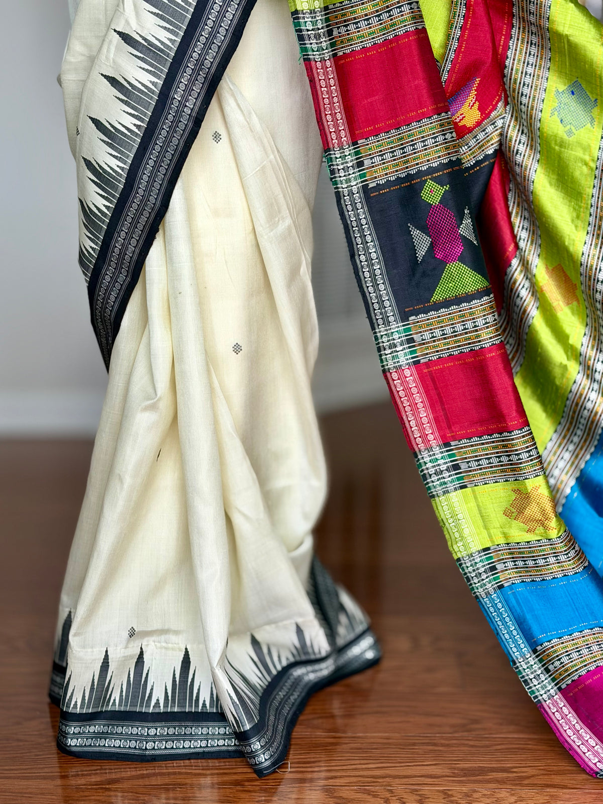 Off-white color traditional weaving Berhampuri colorful double pallu Pure Silk Saree