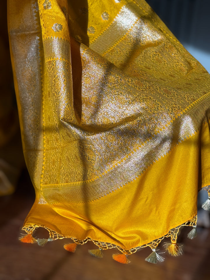 Banarasi Semi Mashru Silk Yellow color Saree|Value Vogue