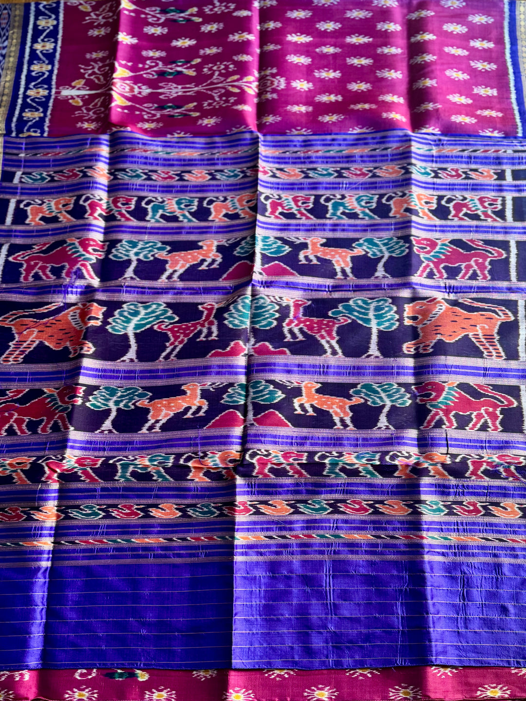 Magenta traditional ikat Khandua handwoven pure silk saree|Odisha Weaves
