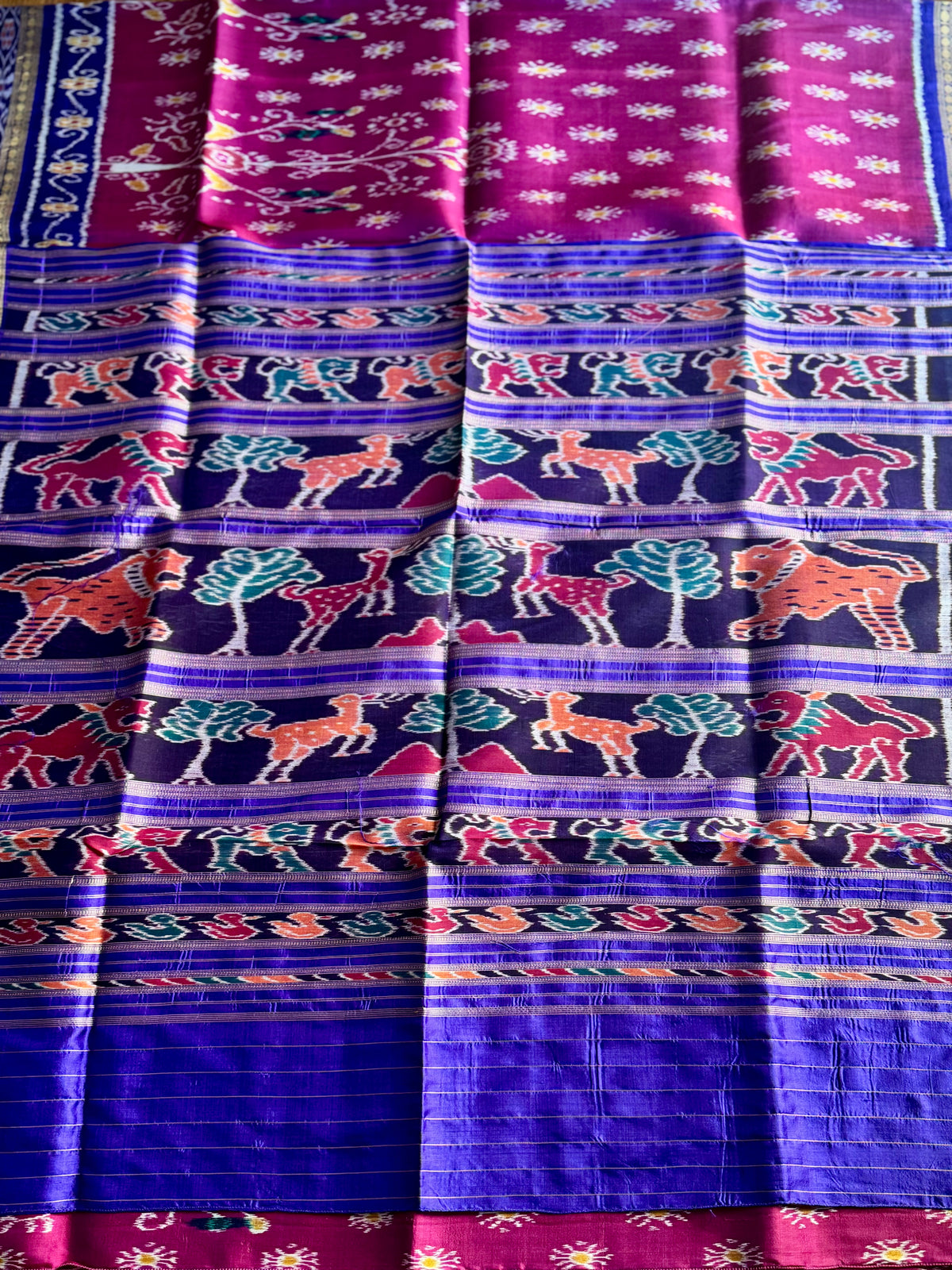 Magenta traditional ikat Khandua handwoven pure silk saree|Odisha Weaves