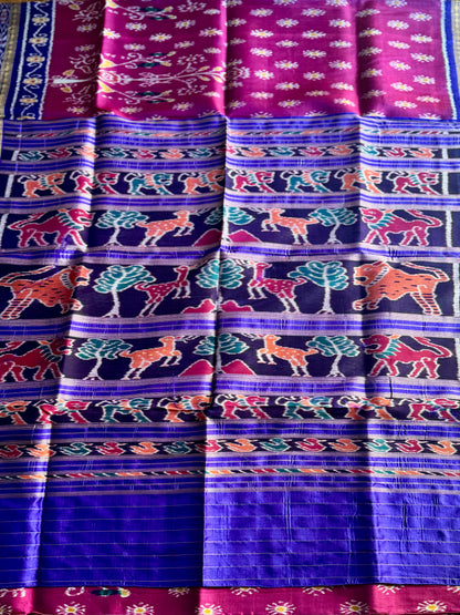 Magenta traditional ikat Khandua handwoven pure silk saree|Odisha Weaves