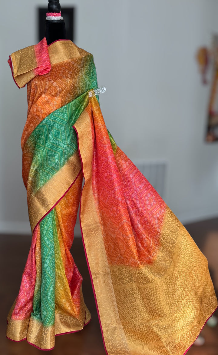 Multi colored Bandhini printed silk saree|Party Wear Saree|PPS