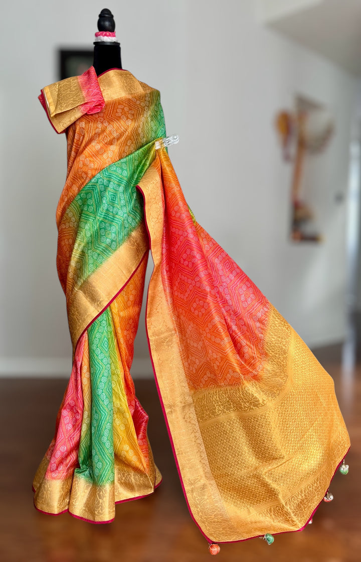 Multi colored Bandhini printed silk saree|Party Wear Saree|PPS