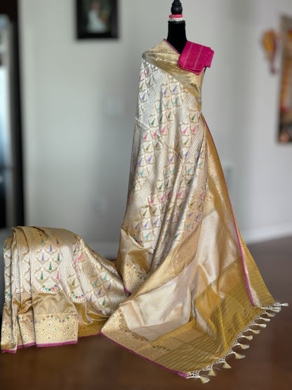 Champagne Color Banarasi ektara weaved pure katan silk saree with Kadhwa Janngla and meenakari work