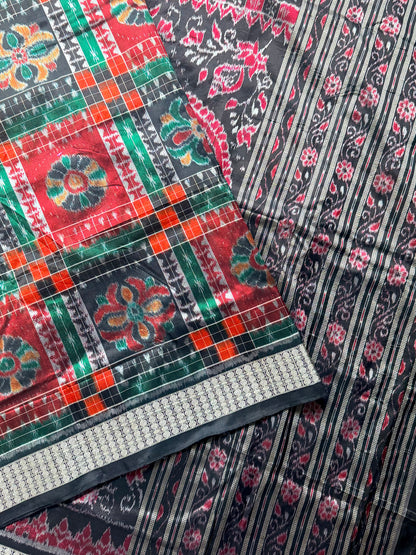 Handwoven Utkal Laxmi Sambalpuri ikat pure silk saree, orange pasapali in body|Odisha Weaves
