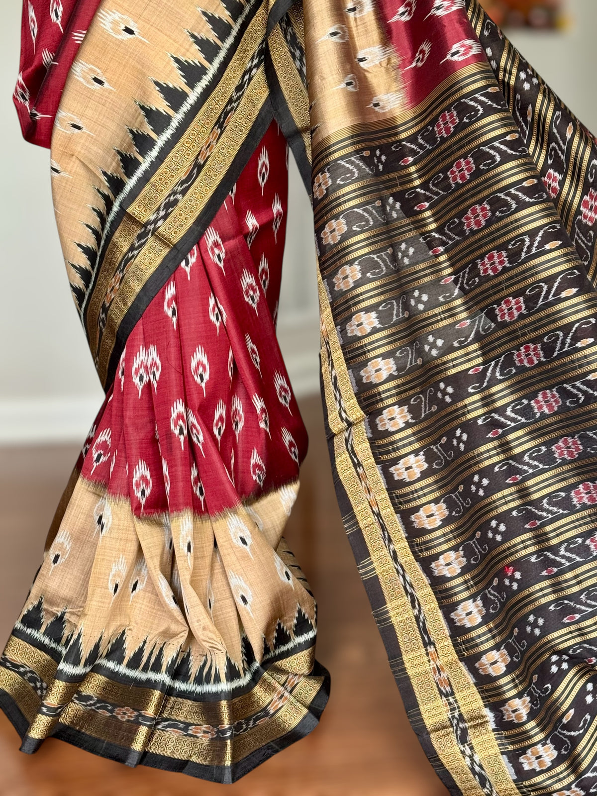 Maroon Beige Chandrika body Contemporary Ikat Pure Silk Saree|Odisha Weaves|Mishrita