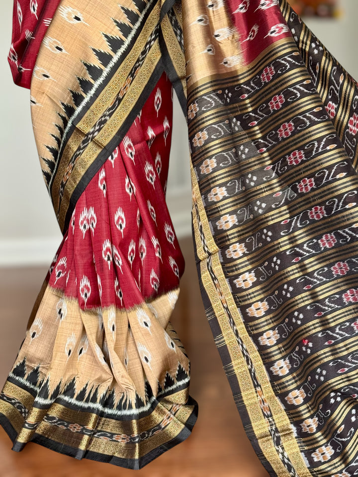Maroon Beige Chandrika body Contemporary Ikat Pure Silk Saree|Odisha Weaves|Mishrita