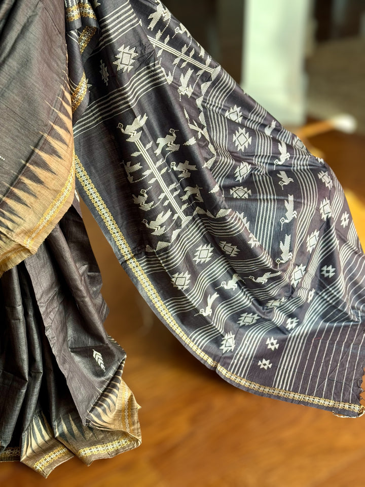 Ganjam Bomkai inspired handwoven pure Tussar silk saree in Black color