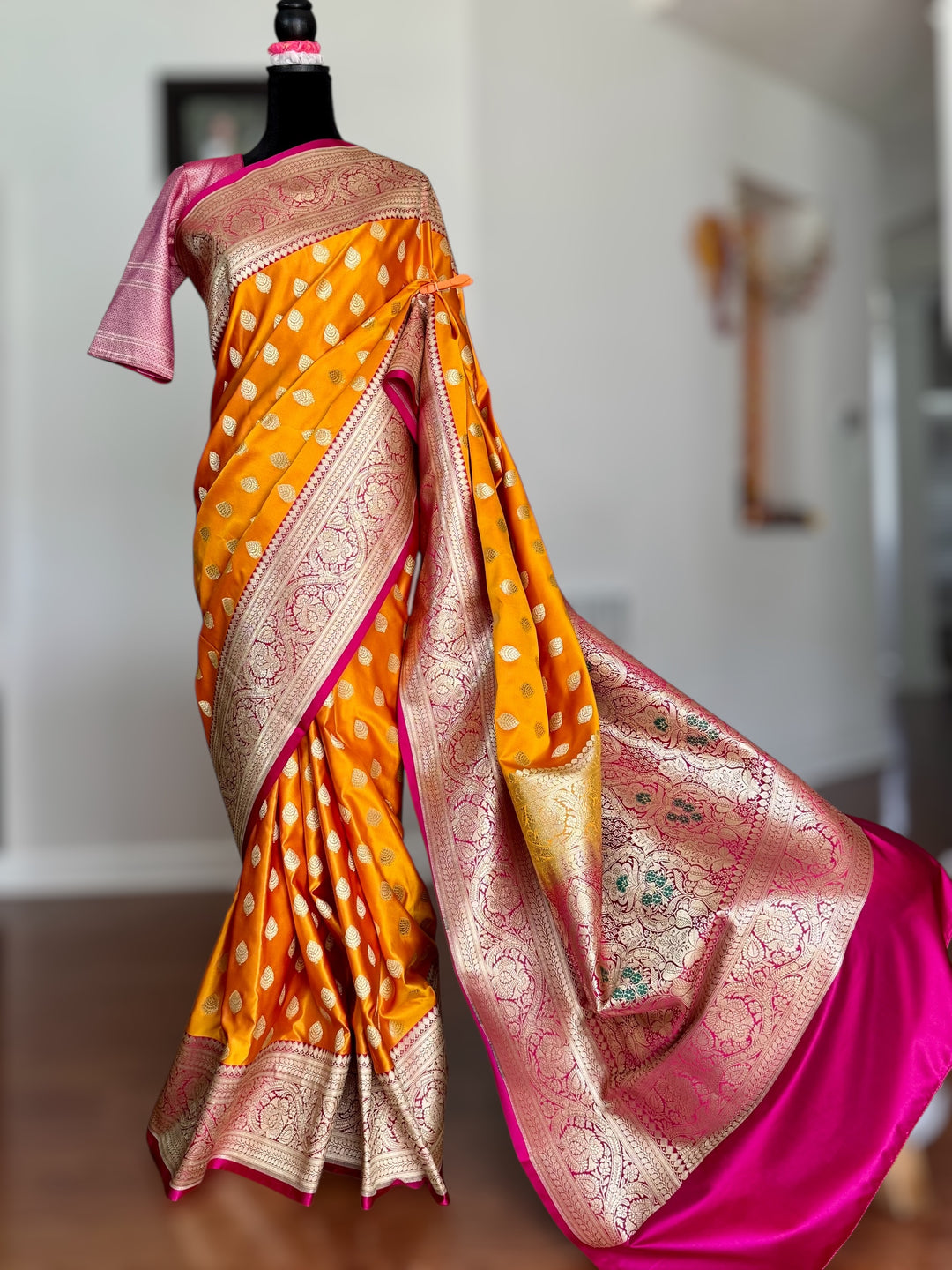 Orange Handloom Banarasi Silk Saree With Stitched Blouse