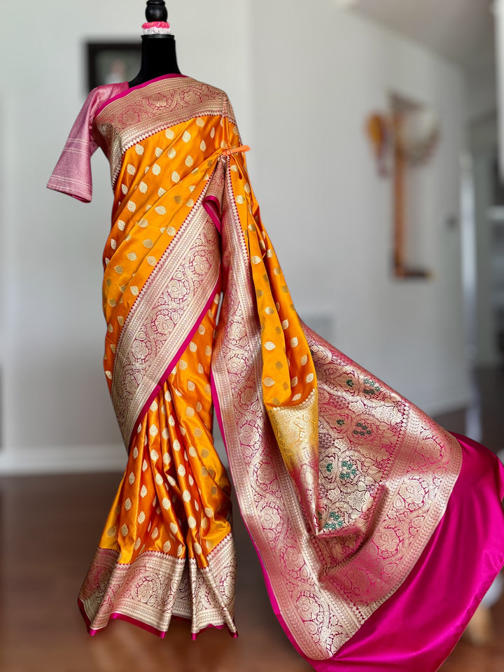 Orange Handloom Banarasi Silk Saree With Stitched Blouse