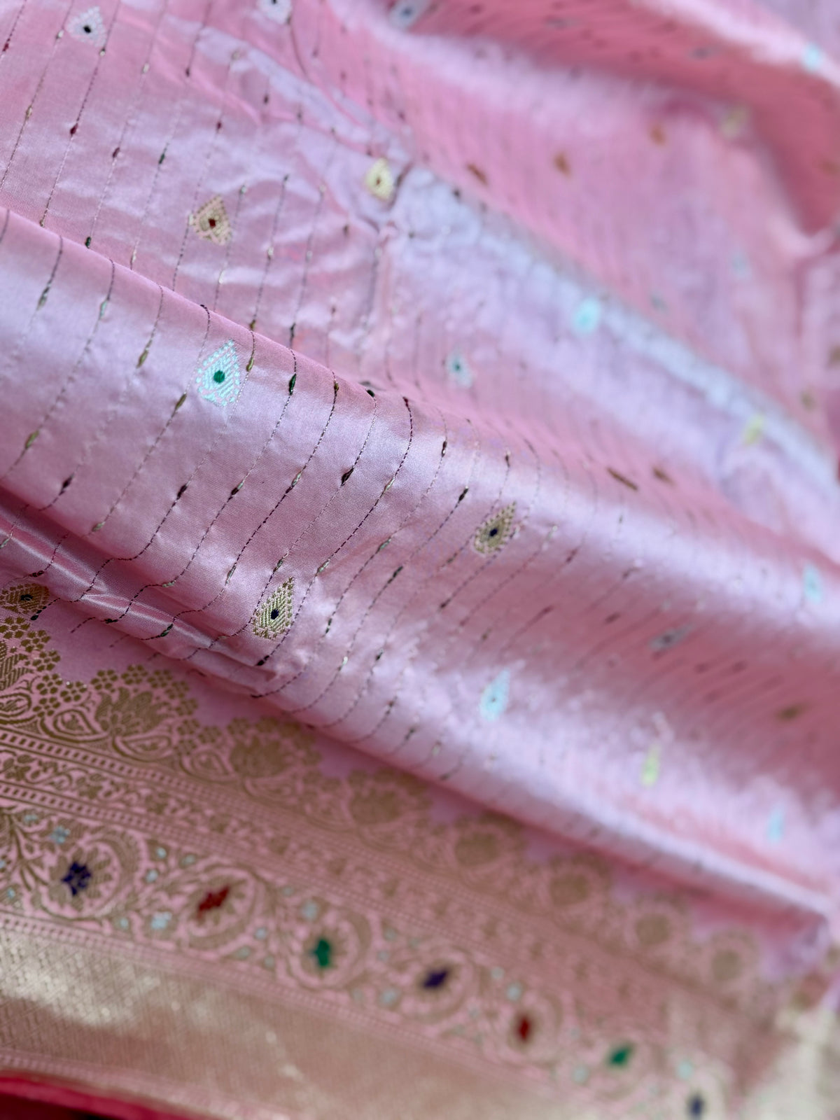 Luxurious Light Peach handwoven pure silk saree with Kadhwa, meenakari work