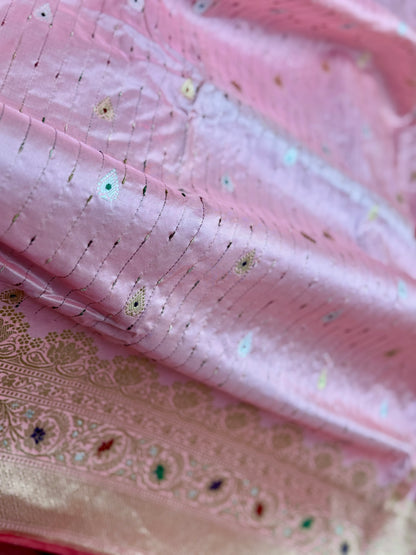 Luxurious Light Peach handwoven pure silk saree with Kadhwa, meenakari work
