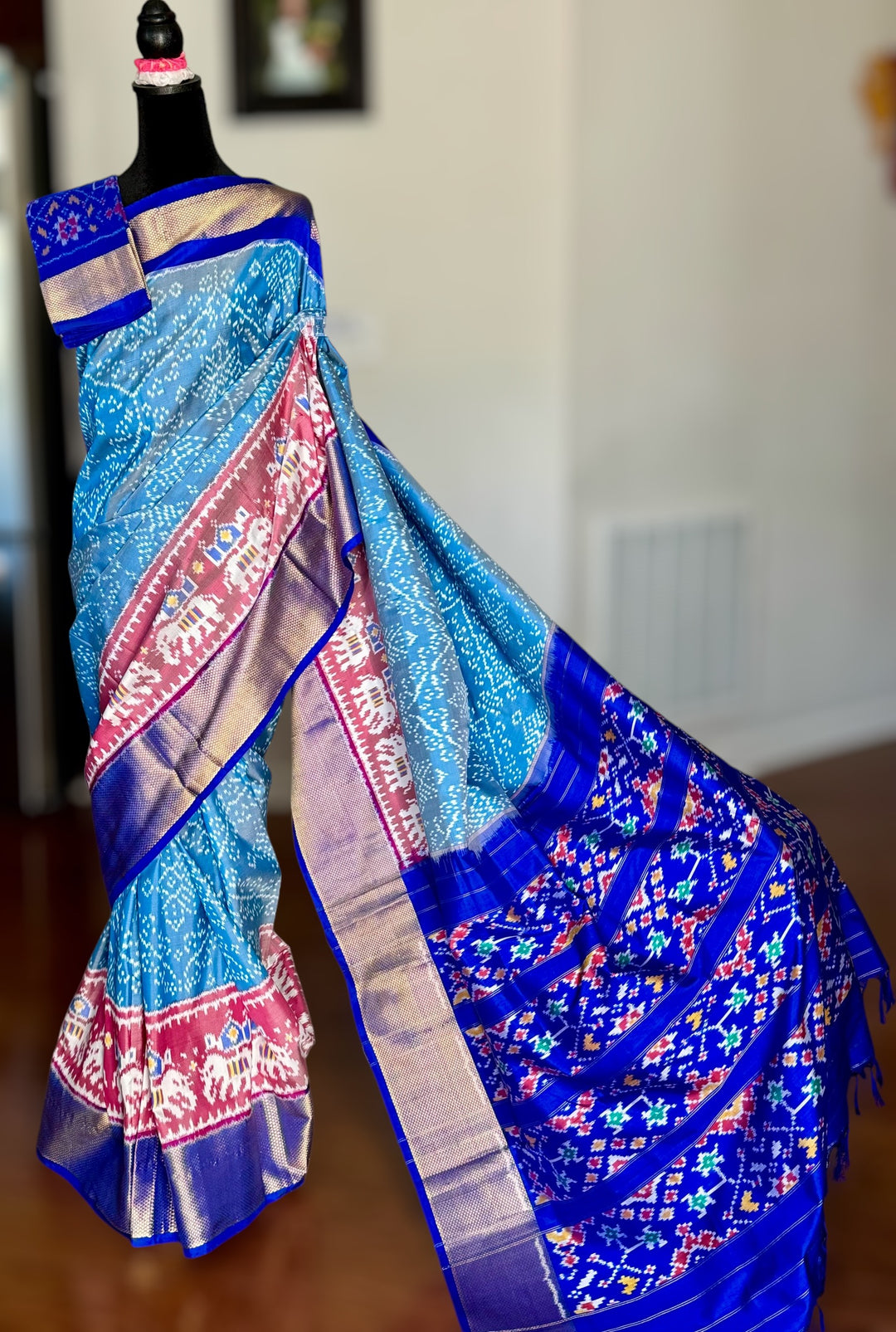 Ice blue Pochampally ikat pure silk saree