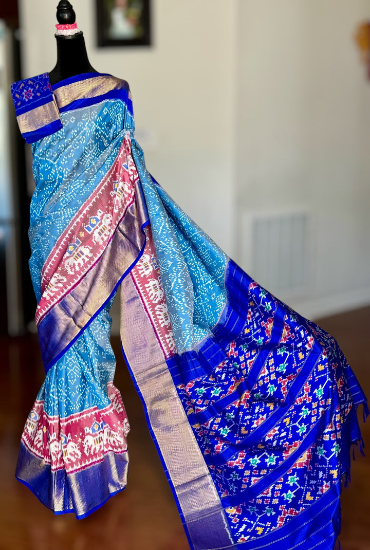 Ice blue Pochampally ikat pure silk saree