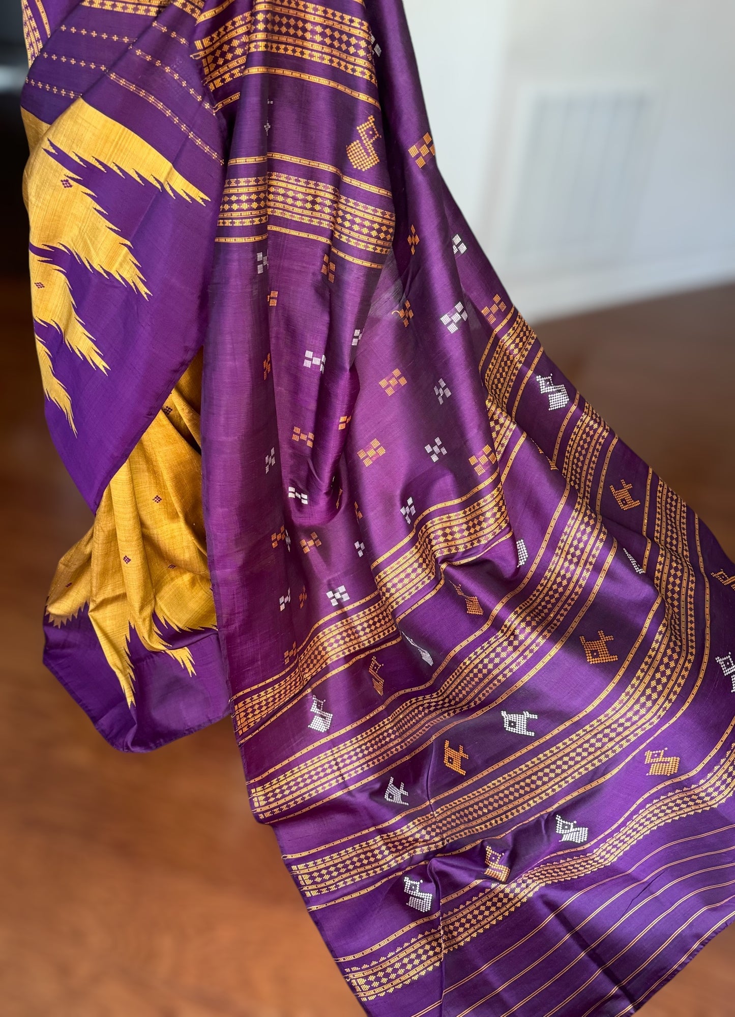 Mustard with purple combination Berhampuri Double Pallu pure silk saree