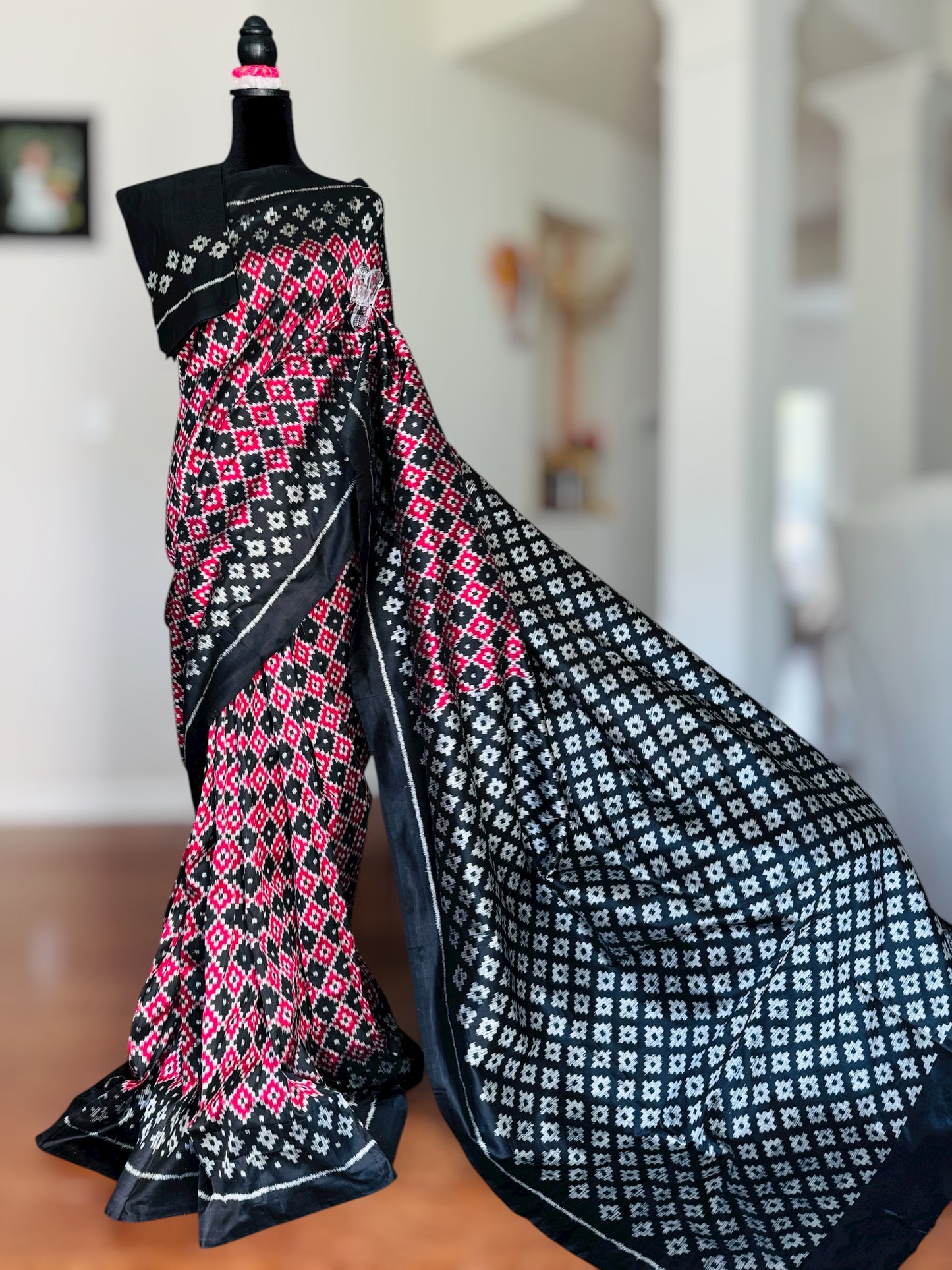 Black with red handwoven ikat pure silk saree|Odisha Weaves|Contemporary Ikat|Antara