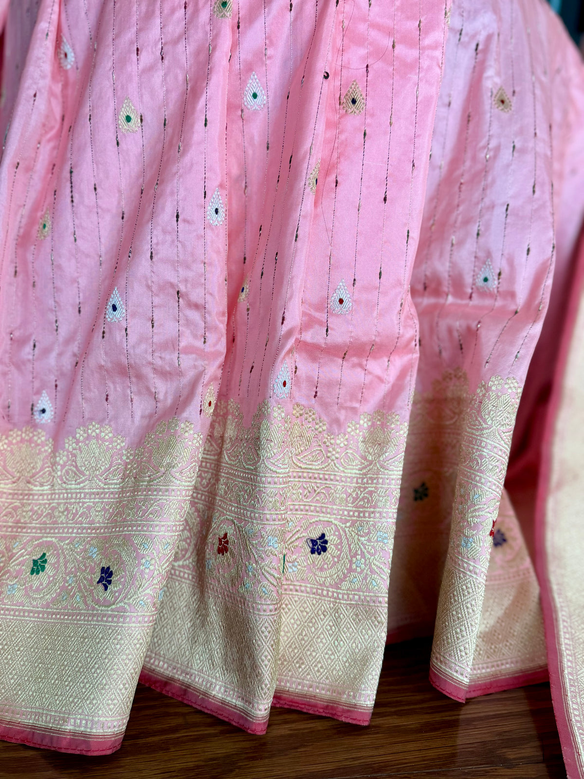 Luxurious Light Peach handwoven pure silk saree with Kadhwa, meenakari work