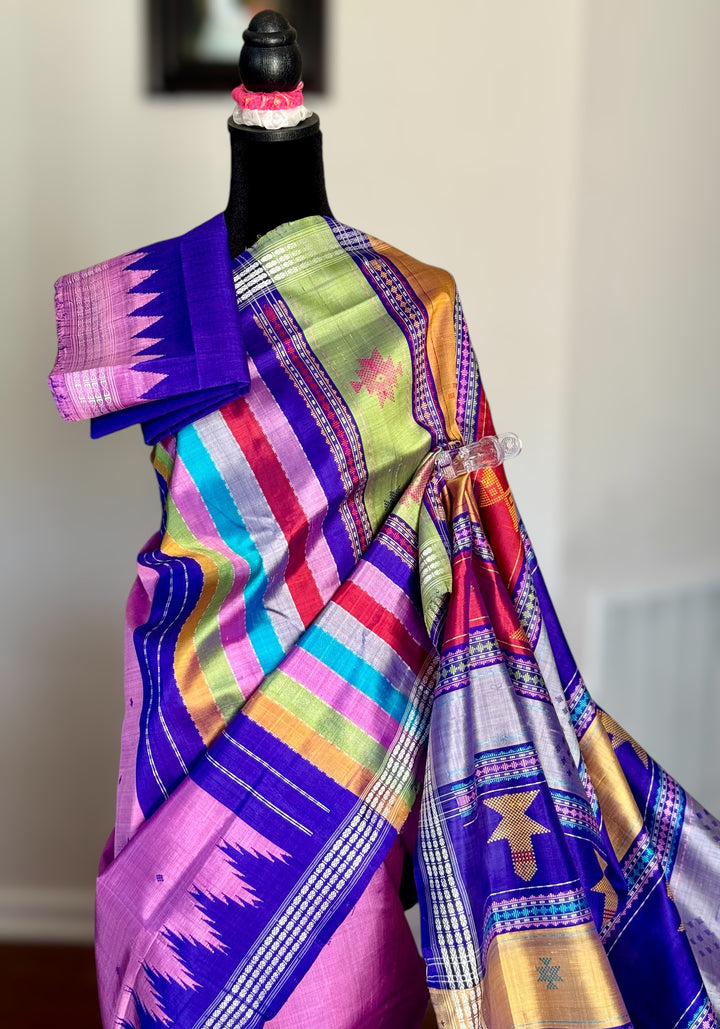 Lavender Pink with blue combination Berhampuri Double pallu pure silk saree