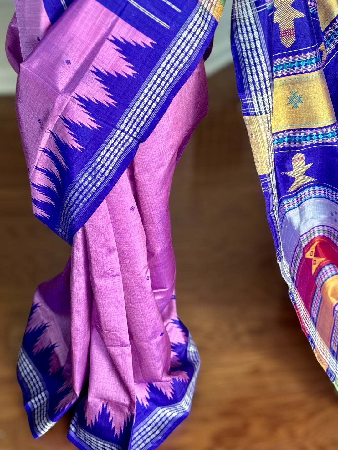 Lavender Pink with blue combination Berhampuri Double pallu pure silk saree