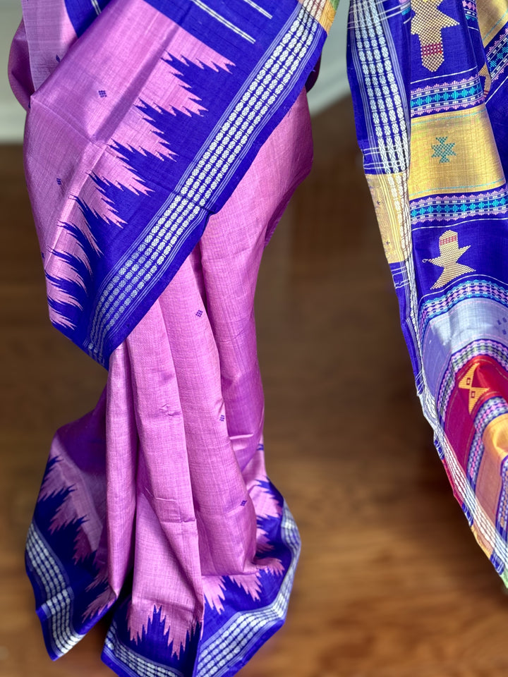 Lavender Pink with blue combination Berhampuri Double pallu pure silk saree