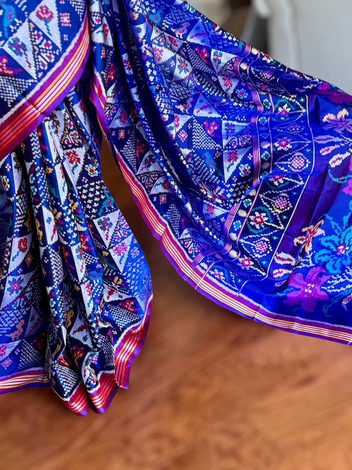Blue color semi (double) ikat patan Patola pure silk saree