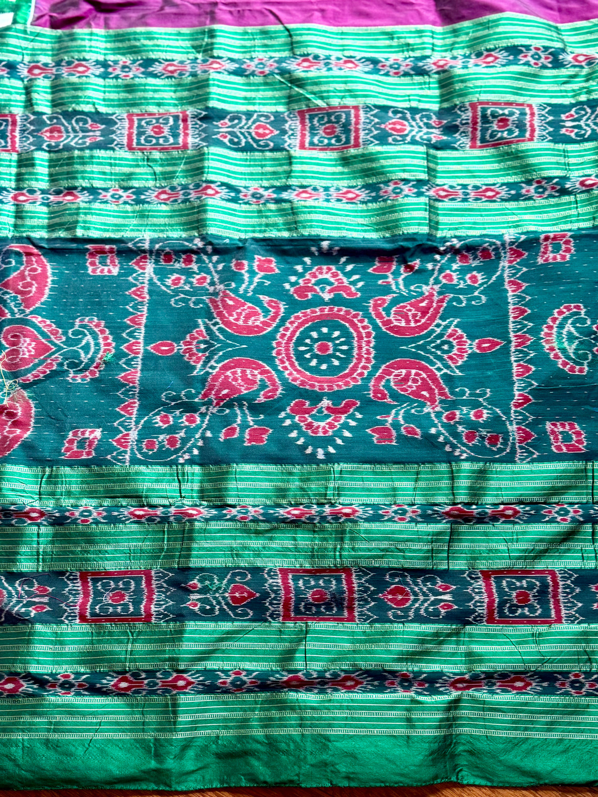 Plum and green combination Sambalpuri pasapali handwoven Ikkat semi-silk saree| Odisha Weaves