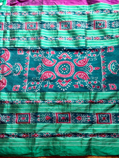 Plum and green combination Sambalpuri pasapali handwoven Ikkat semi-silk saree| Odisha Weaves