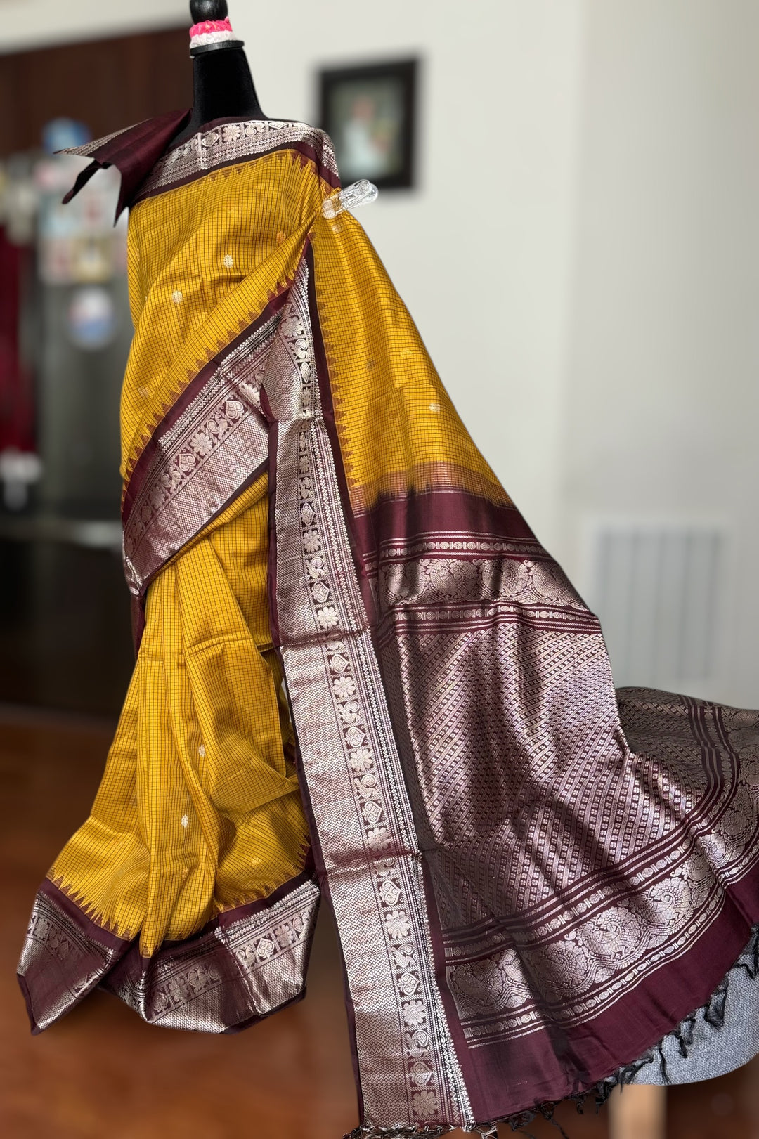 Handwoven Kuttu Gadwal pure Silk Saree in honey mustard color with Checks body