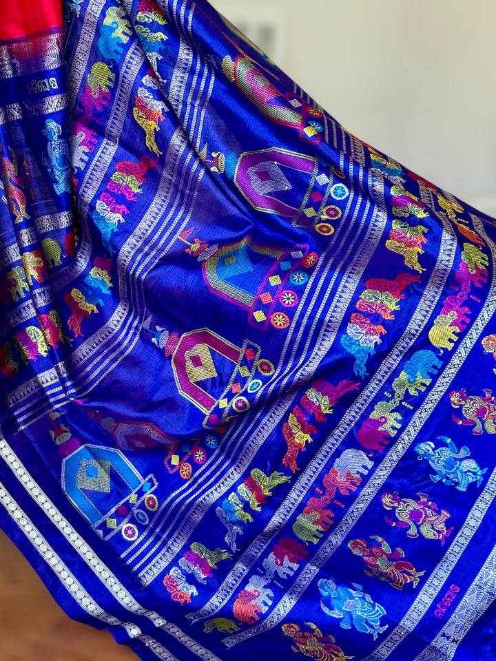 Gorgeous Red with Royal BlueNandighosa pure silk saree from Odisha Weaves| Bomkai|