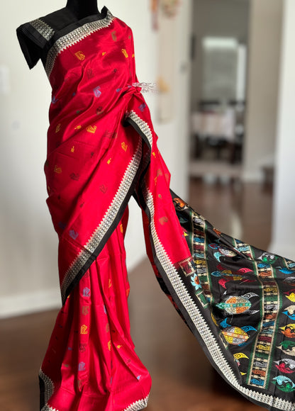 Red color Bomkai Pure Silk Saree with gorgeous turtle motif pallu