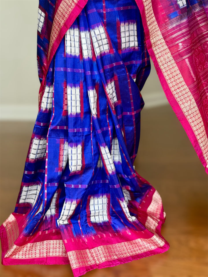 Handwoven Royal Blue Aswini Sambalpuri Double ikat pure silk saree|Odisha Weaves|