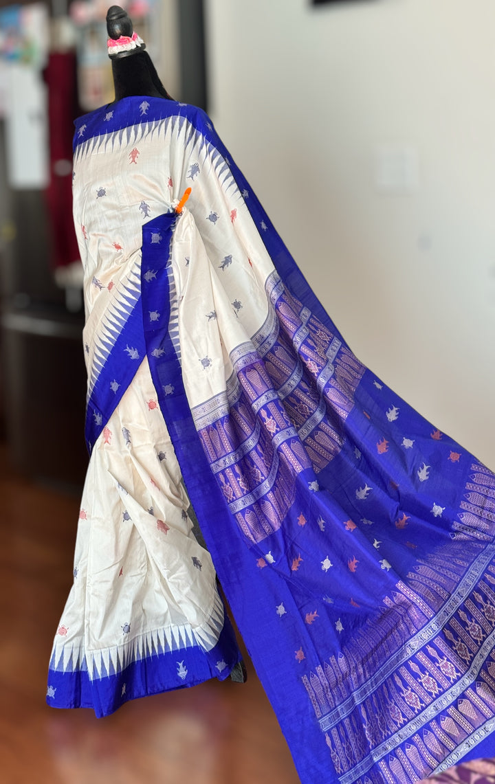 White and Blue combination exquisite piece of Bomkai Pure Silk Saree