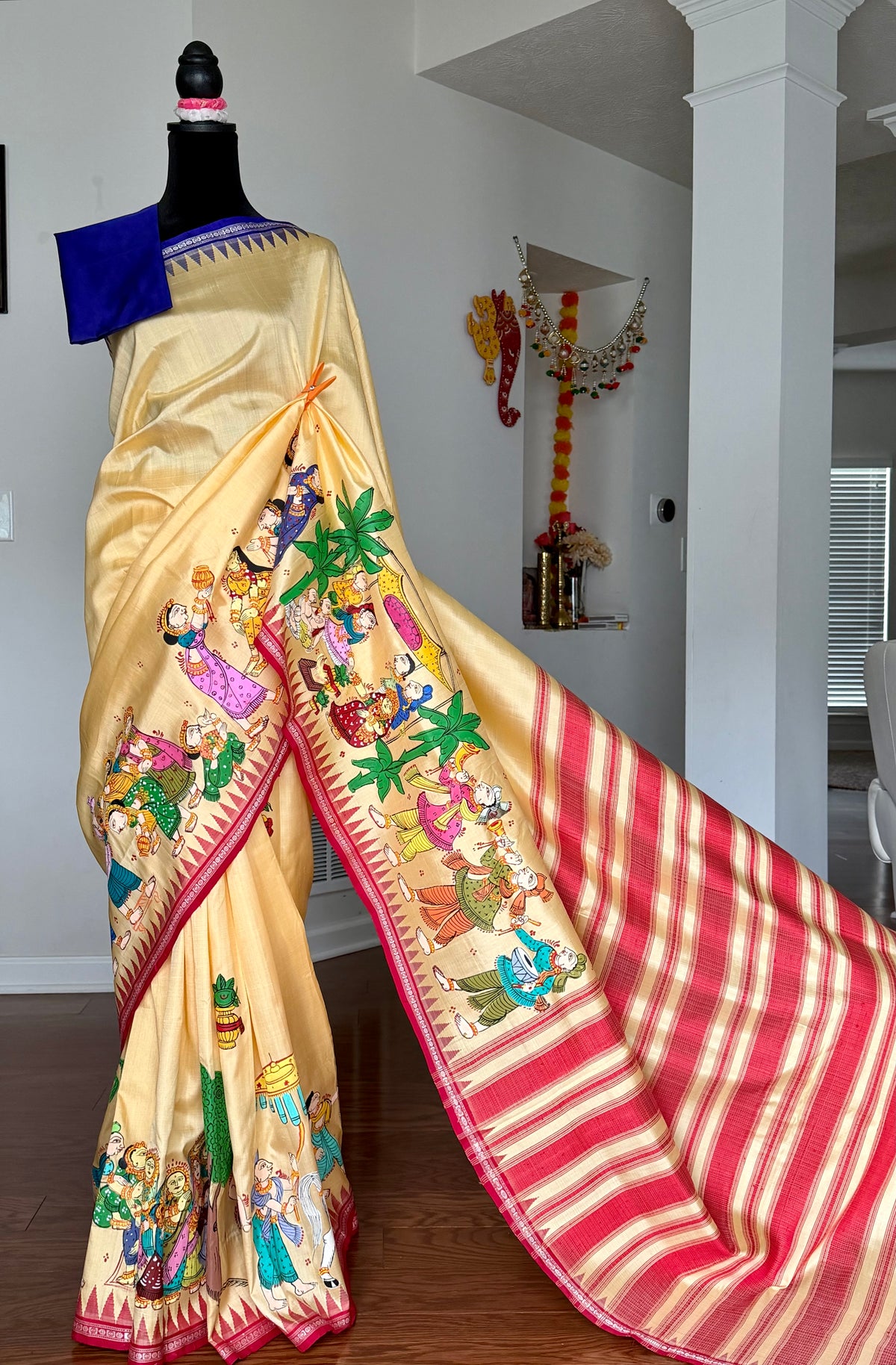 Warm pale yellow Odia Vivaha Pattachitra Berhampuri Pure Silk Saree – Ganga Jamuna Border
