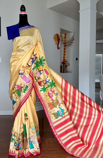 Warm pale yellow Odia Vivaha Pattachitra Berhampuri Pure Silk Saree – Ganga Jamuna Border