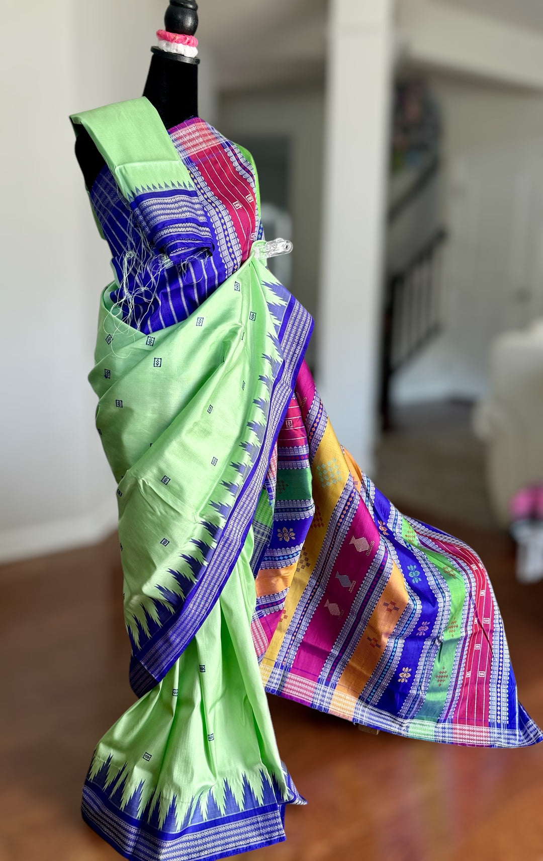 Light Green Berhampuri double pallu pure silk saree from Odisha weaves